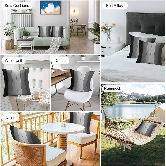 Throw Pillow Covers 18x18 Inch Set of 2, Black Gray Ombre Waterproof Outdoor Cushion Covers, Vintage Country Wooden Decorative Pillowcases for Couch, Sofa, Bed, Garden, Patio