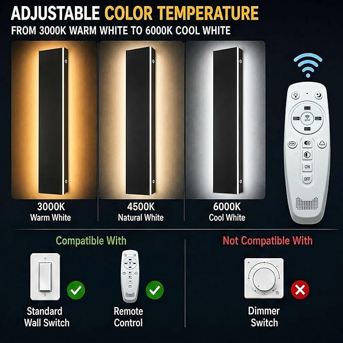 Modern Outdoor Wall Light 2pack 24in, 4.33in Width, Dimmable LED | 2400LM for Garage Front Door Porch, IP65 Waterproof Outdoor Sconce, Cover All Jbox, 3000K-6000K Adjustable, Matte Black