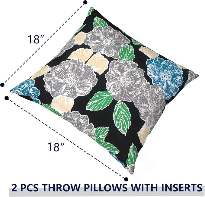 Outdoor Pillows with Insert 18x18 Inch, Waterproof Throw Pillow for Patio Furniture, Decorative Back Cushion for Garden Home Sofa Office Chair, Set of 2, Peony Garden
