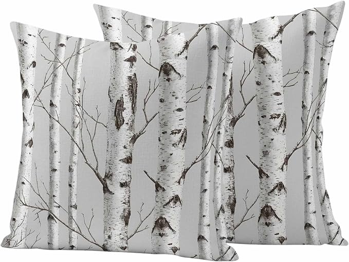 Nature Birch Trees Outdoor Pillow Covers 16"x16" Set of 2, Modern Gray Modern Tree Bark Texture Forest Waterproof Throw Pillow Covers for Patio Furniture, Decorative Cushion Covers for Porch