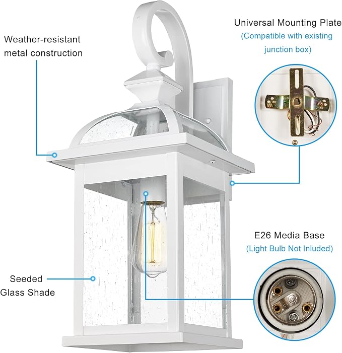 Darkaway Outdoor Lights Fixtures Wall Mount, Large 22inch Outdoor Wall Sconce Lights with Seeded Glass Waterproof Outside Exterior Lights Fixture for House Front Porch Patio （Large, White）
