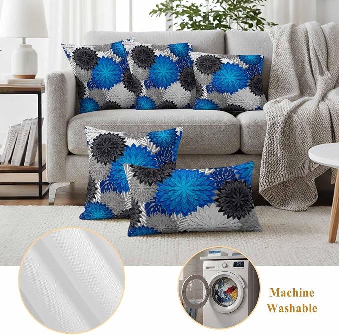 Blue Black Grey Flowers Outdoor Pillow Covers Waterproof, All Weather Cushion Case Set of 2, Boho Colorful Floral Plant Decorative Pillowcases for Sofa Couch Bed Decor Patio Furniture 20"x20"