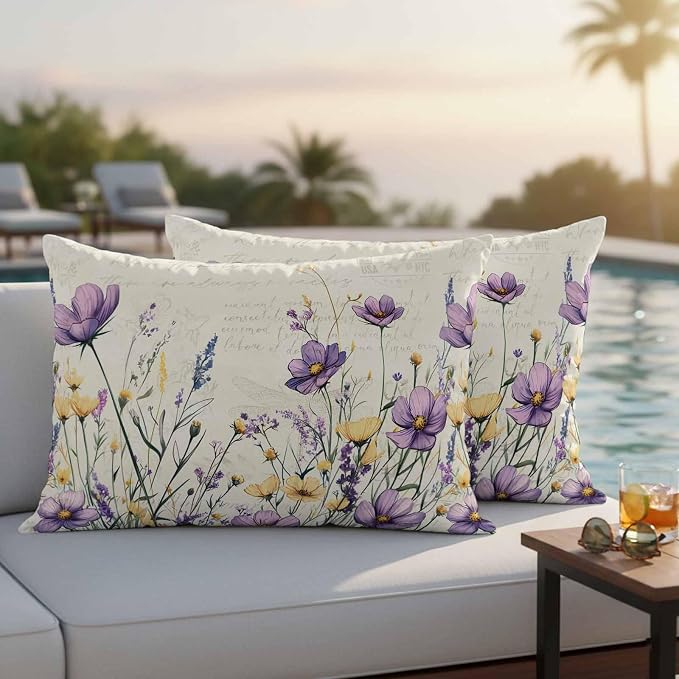 Spring Floral Outdoor Waterproof Throw Pillow Covers Set of 2, 20"x12", Purple Yellow Flower Leaves Retro Letter Texture Decorative Pillow Covers Outside Cushion Case for Patio Porch Garden