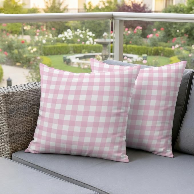Light Pink Checks Outdoor Pillow Covers 20"x20" Set of 2, Gingham Plaid Abstract Modern Minimalist Waterproof Throw Pillow Covers for Patio Furniture, Decorative Cushion Covers for Porch