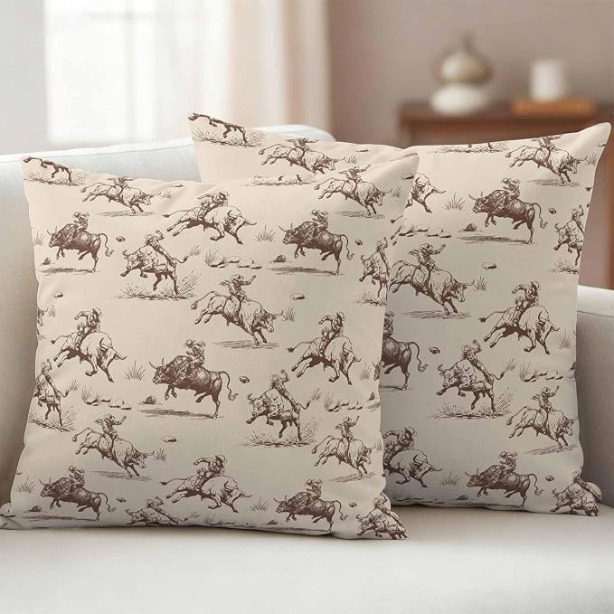 Western Cowboys Outdoor Pillow Covers Waterproof, All Weather Cushion Case Set of 2, Vintage Farmhouse Cow Nature Scenery Decorative Pillowcases for Sofa Couch Bed Decor Patio Furniture 20"x20"