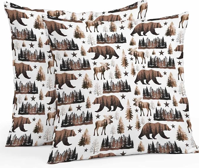 Brown Bear Elk Cabin Outdoor Pillow Covers 16x16 Inch Throw Pillow Covers Set of 2 Waterproof Decorative Pillow Cases Farmhousee Pine Tree Forest Cushion Covers for Patio Furniture Garden Couch Sofa