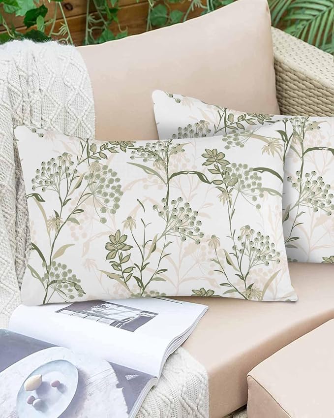 Outdoor Waterproof Throw Pillows Pastoral Sage Green Herbs Plant Patio Pillows Pack of 1,Decorative Pillow Covers with Insert,Pillow Cushion Case for Garden Couch Sofa Botanical Leaf on White