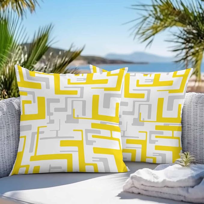 Vandarllin Outdoor Throw Pillows Covers 24x24 inch Set of 2 Waterproof Yellow Geometric Stripes Decorative Zippered Cushion Covers for Patio Furniture, Modern Abstract Lines Lumbar Pillowcases