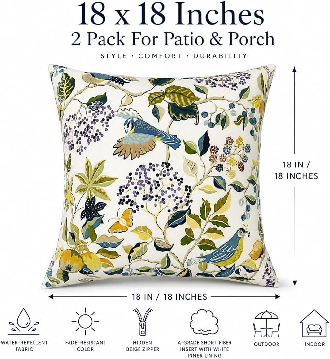 Outdoor Pillows 18"x18" Waterproof Decorative Pillows with Inserts | Set of 2 Fade Resistant Patio Throw Pillows for Porch Garden Couch and Patio Furniture