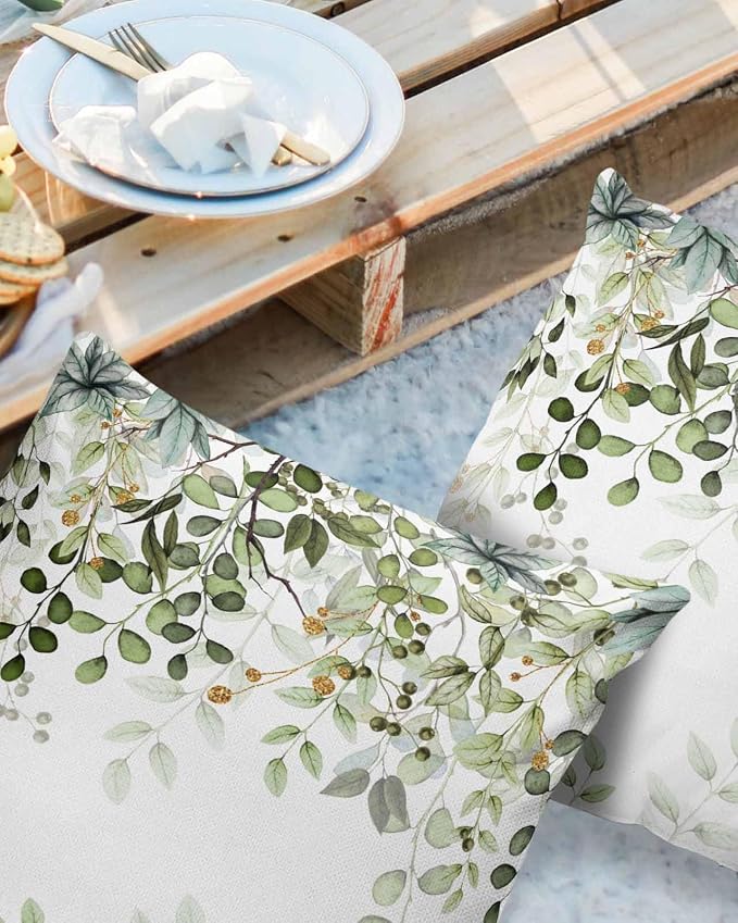 Outdoor Pillows 18x18 Waterproof Outdoor Pillow Covers Elegant Spring Leaf Plant Polyester Throw Pillow Covers Garden Cushion Decorative Case for Patio Couch Decoration Set of 2 Green Gold