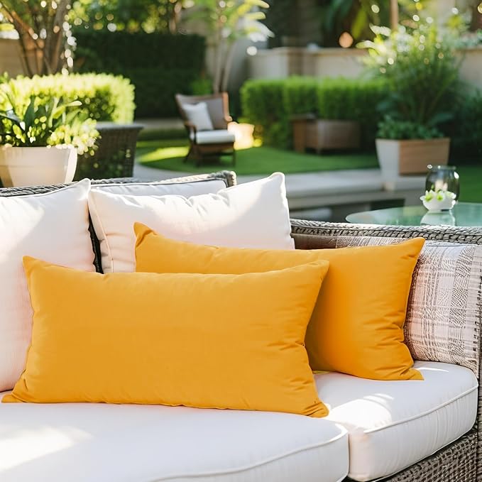 SK Studio Outdoor Water Resistant Throw Pillows, Decorative Patio Lumbar Cushions, Fluffy Furniture Garden Cushions for Home Patio Coach Sofa Use, Pack of 2, Yellow, 24x24 Inch