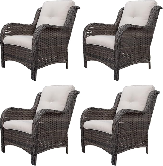 Outdoor Wicker Chair Rattan Patio Dining Chairs Set of 4 PE Wicker Patio Chairs with 3.5 inch Seat Cushions Patio Seating Chair for Garden, Backyard Swimming Pool, Balcony, Beige