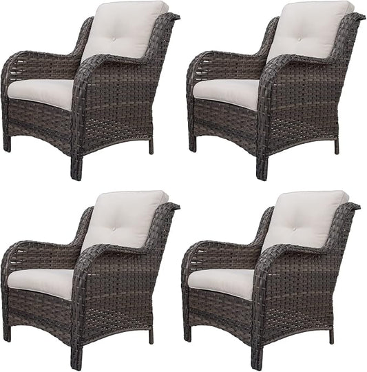 Outdoor Wicker Chair Rattan Patio Dining Chairs Set of 4 PE Wicker Patio Chairs with 3.5 inch Seat Cushions Patio Seating Chair for Garden, Backyard Swimming Pool, Balcony, Beige