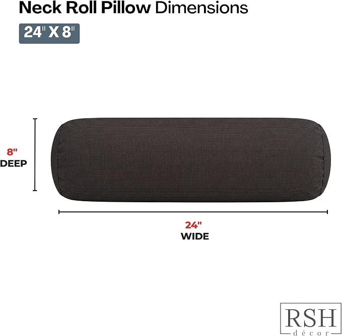RSH DECOR: Sunbrella Neck Roll Pillows Set of 2 | 24” x 8” | Outdoor Bolster for Patio, Deck, Porch, or Poolside Chairs | Fade & Water-Resistant | Made in USA (Fife Slate)