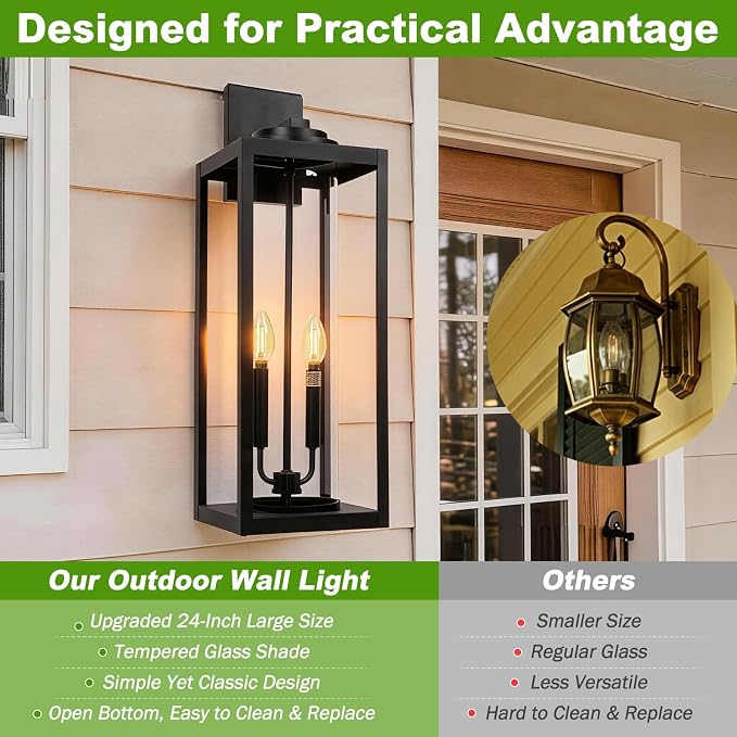 FILIYANO Large 24 Inch Outdoor Wall Light Fixtures, Black, 2-Pack | IP65 Waterproof, Anti Rust, Hardwired, Tempered Glass, E12, 2-light, Modern, Exterior, Porch, Garage and Front Door Lantern