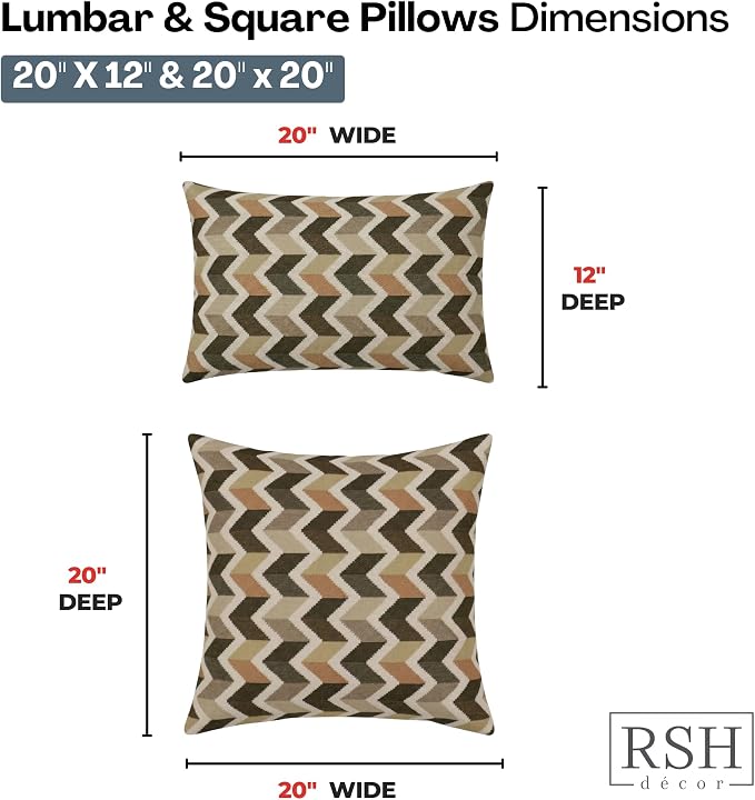 RSH DECOR: Sunbrella Lumbar & Square Pillows Set of 4 | 20" x 12" & 20" x 20" | Water and Fade-Resistant Performance Fabric | Outdoor Throw Pillows for Patio Furniture | Made in USA (Prism Fossil)