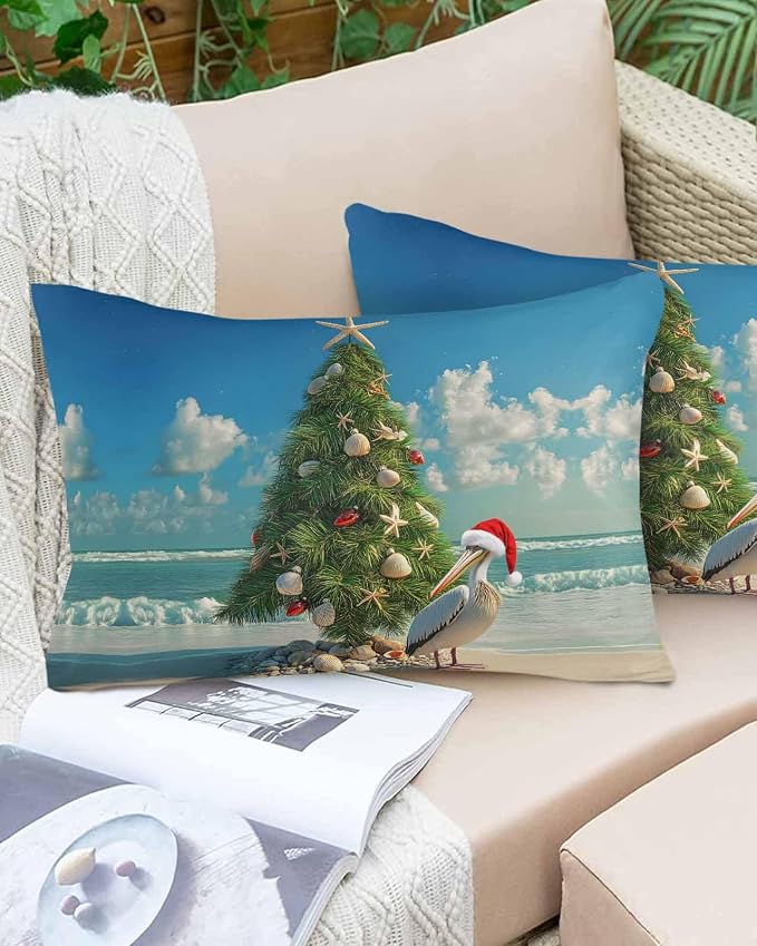 Christmas Outdoor Throw Pillows Covers 20x12 inch Set of 2 Waterproof Christmas Tree Decorative Zippered Cushion Covers for Patio Furniture, Pelican Starfish Shell Beach Wave Lumbar Pillowcases