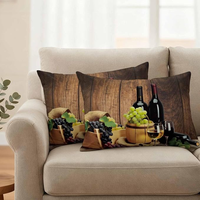 Lumbar Pillow Covers 12 x 20 Inches, Red Wines Waterproof Throw Pillow Cover Set of 2, Champagne Grapes Galsses Country Wooden Plank Decorative Rectangle Cushion Covers for Patio/Couch/Garden