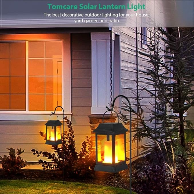 TomCare Flickering Flame Solar Lights Outdoor Metal Hanging Lantern, 4 Pack | Realistic Flame Effect, Charges in 6-8 Hours, 10-12-Hour Runtime, IP65 Waterproof, Auto On/Off for Patio, Garden and Porch