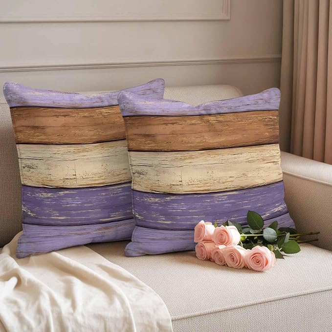 Farmhouse Purple Brown Outdoor Waterproof Pillow Covers, Vintage Wooden Striped Decorative Square Throw Pillowcase Sofa Cushion Sham for Patio/Couch/Chair, 16"x16" 2 Pack