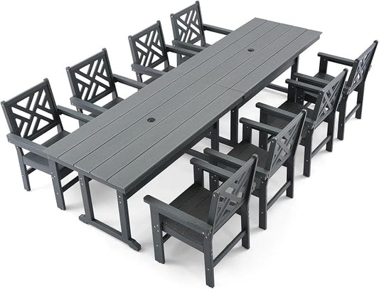 10 Piece HDPE Outdoor Dining Set for 8, Patio Dining Furniture Set with 2 Table and Umbrella Hole, Outdoor Table and Chairs for Garden, Poolside, Backyard, Deck