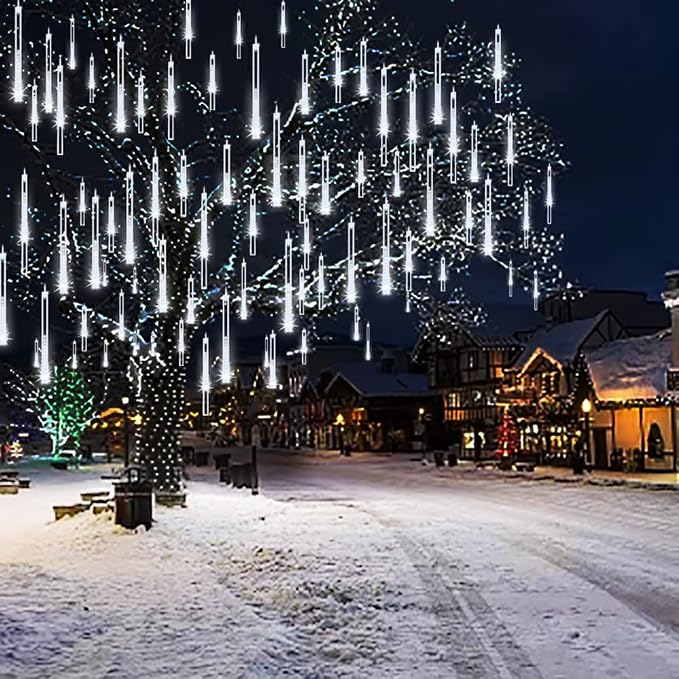Weepong Christmas Lights Outdoor 32 Tubes 768 LEDs Meteor Shower Lights UL Certified Snow Falling Rain Drop Icicle String Light for Xmas Tree Christmas Decorations Outdoor Wedding Party Window,White