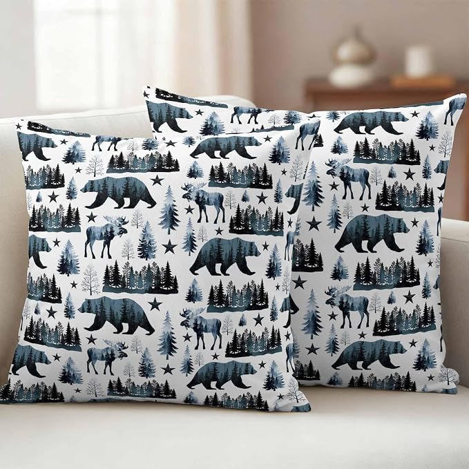 Bear Elk Cabin Outdoor Pillow Covers 16x16 Inch Throw Pillow Covers Set of 2 Waterproof Decorative Pillow Cases Farmhousee Pine Tree Forest Blue Cushion Covers for Patio Furniture Garden Couch Sofa