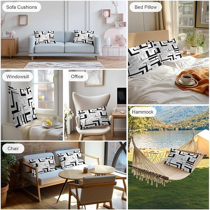Vandarllin Outdoor Throw Pillows Covers 20x12 inch Set of 2 Waterproof Black Geometric Stripes Decorative Zippered Cushion Covers for Patio Furniture, Modern Abstract Lines Lumbar Pillowcases