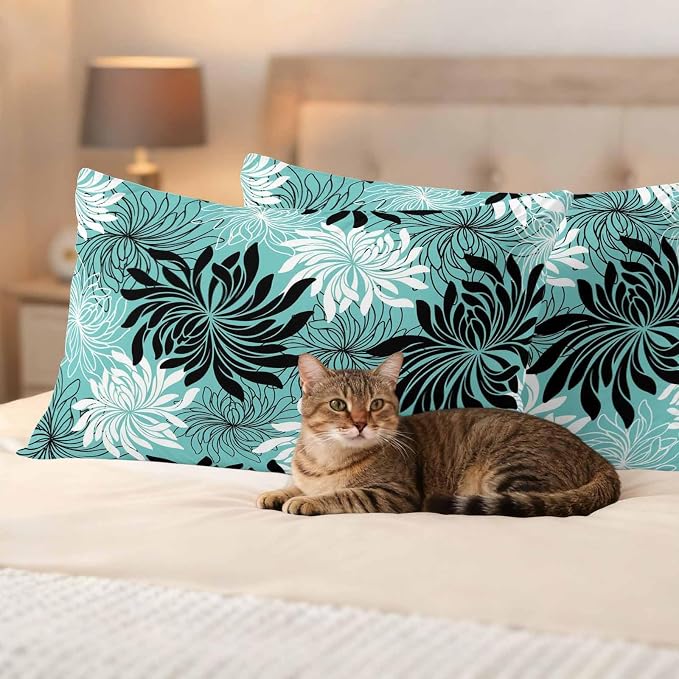 Yukro Teal Black Floral Outdoor Waterproof Pillow Covers Pack of 2, Vintage Teal White Black Flower Decorative Throw Pillowcases Cushion Covers for Garden Patio Tent Sofa Couch, 20x12 inch