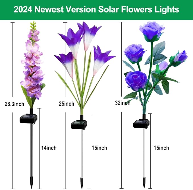 MRHEPHAESTUS Solar Garden Lights, 6 Pack Solar Flowers Lights with Lily Rose Delphinium, Waterproof Gardening Gifts for Mom Grandma Women,Multi-Color Changing Outdoor Light for Garden Yard Patio Lawn