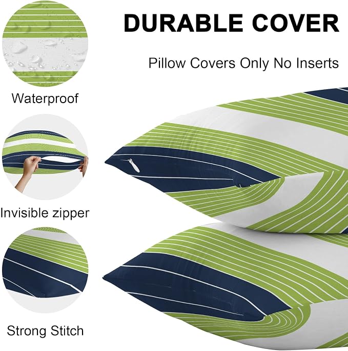 Navy Blue Green Stripe Outdoor Pillow Covers Waterproof, All Weather Cushion Case Set of 2, Modern Art Horizontal Striped Decorative Pillowcases for Sofa Couch Bed Decor Patio Furniture 18"x18"