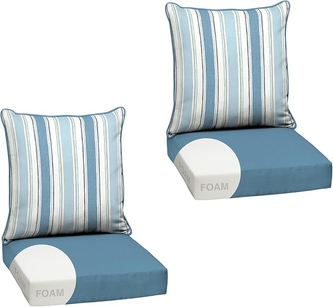 Arden Outdoor Deep Seat Cushion Set, Foam, 24x24, French Blue Stripe | 2-Pack, Sofa, Couch, Conversation Set, Premium High-Density Foam, Never Flattens, Mold and Mildew Resistant