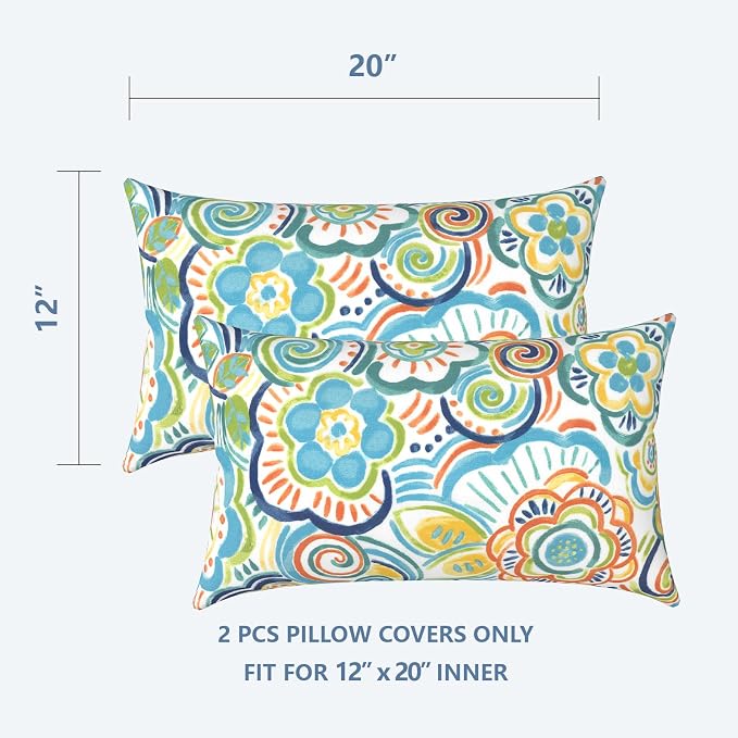 LVTXIII Outdoor Lumbar Pillow Covers Set of 2 Patio Decorative Pillow Cases, Water Repellent Lumbar Cushion Cases for Sofa, Patio Couch Garden Use, 12x20 Inch, Flower Blue