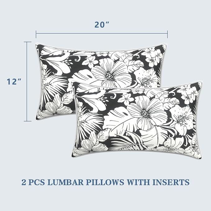 LVTXIII 2 Pack Outdoor Lumbar Pillows 12x20 Inch with White Piping, Fade Resistant Support Throw Pillows with Inserts for Patio Furniture, Sofa, Chair, Noir Floral