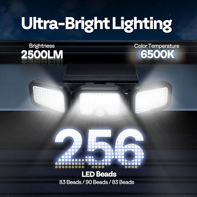 VIVOHOME Solar Flood Lights Outdoor, 256 LED Motion Sensor Lights, 3 Pack | 2500LM, 3 Adjustable Heads Security Lights, IP65 Waterproof, 270° Wide Lighting Angle Solar Powered Lights for Porch, Yard