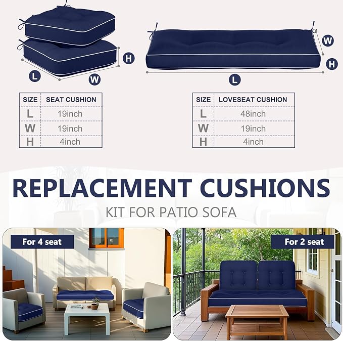 Wenqik 48 x 19 x 4 Inch Outdoor Bench Cushion Set of 3 Waterproof Tufted 1 Patio Loveseat Cushions and 2 Square Chair Seat Pad for Outdoor Furniture Couch Swing Sofa Wicker Settee(Navy Blue)