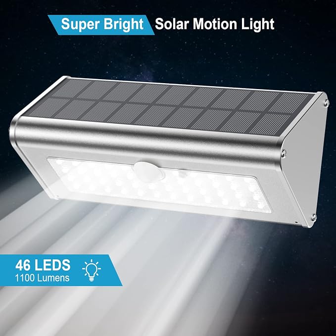 Super Bright Solar Lights Outdoor IP65 Water Proof, 1100 Lumens Wireless LED Motion Sensor Light, Aluminum Metal Housing Security Lights Flood Wall Lights, 1 Pack (Daylight)