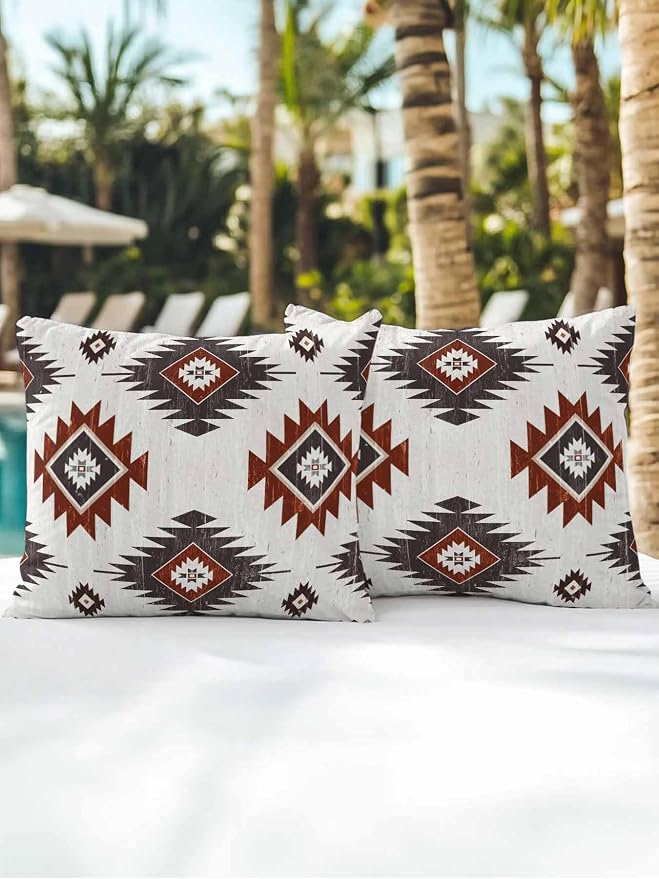 Waterproof Outdoor Pillow Set of 2 Red Brown Boho Aztec Decorative Throw Pillows Cover & Insert 16x16 Inch Pillowcase Southwest Tribal Style Pillows for Couch Sofa Bed Patio Furniture Indoor Outdoor