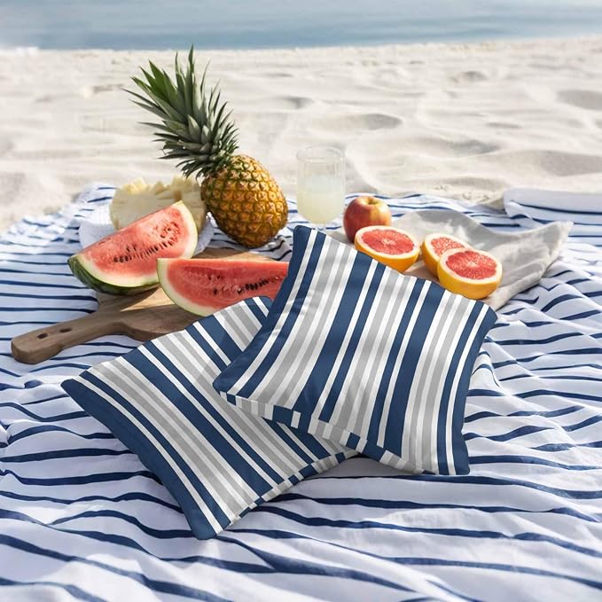 Navy Blue Grey Stripe Outdoor Pillow Covers 24x24 Inch Throw Pillow Covers Set of 2 Waterproof Decorative Pillow Cases Farmhouse Minimalist Striped Cushion Covers for Patio Furniture Garden Couch Sofa