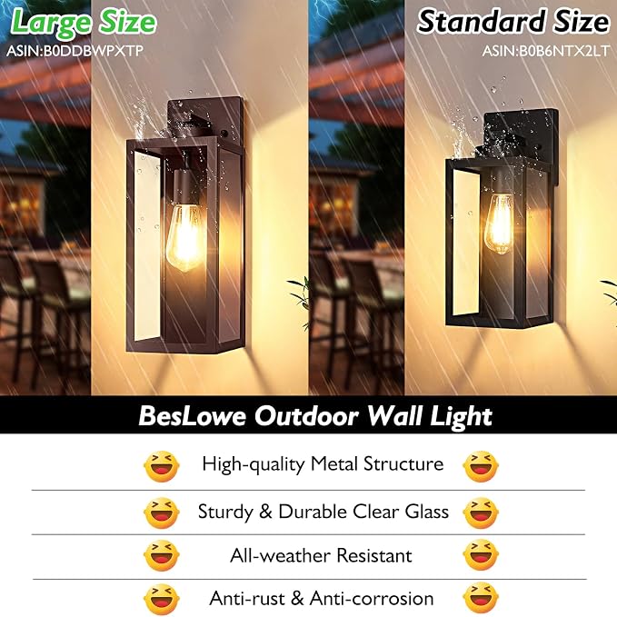 BesLowe 15” Large Outdoor Wall Light Fixture, Exterior Porch Sconce, Brown | Waterproof, Rust-Resistant, Durable Metal with Clear Glass, Standard E26 Socket, Easy to Install