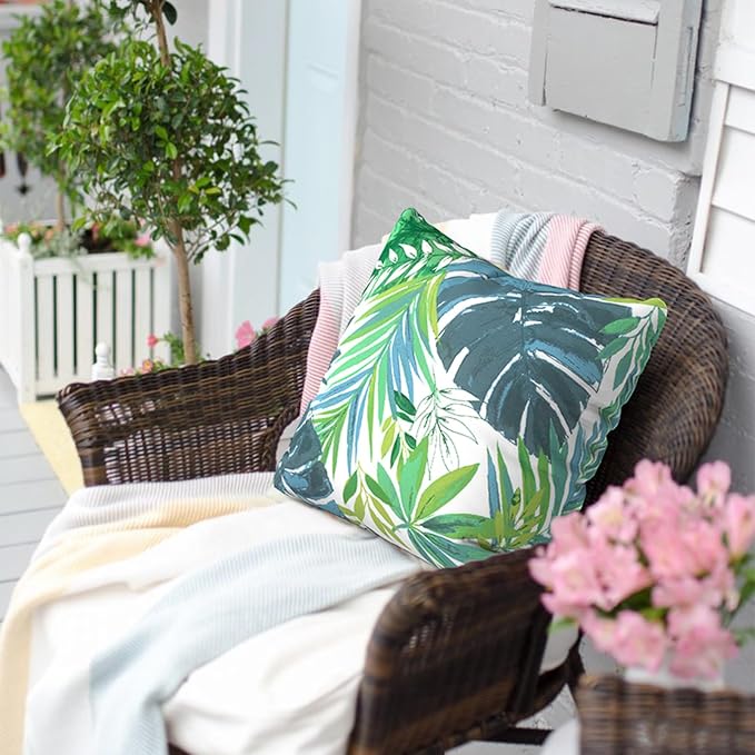 Outdoor Pillows for Patio Furniture 18x18 inch, Square Outdoor Throw Pillows with Inserts, Decorative Toss Pillows for Garden Couch Home Sofa Office Chair, Pack of 2, Islamorada Blue Green