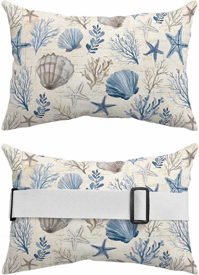 Blue Brown Coastal Outdoor Pillows with Insert 11x16 Inch Summer Coral Starfish Shell Vintage Waterproof Headrest Pillows with Adjustable Strap Lounger Chair Throw for Patio Furnitures, 1 Pack