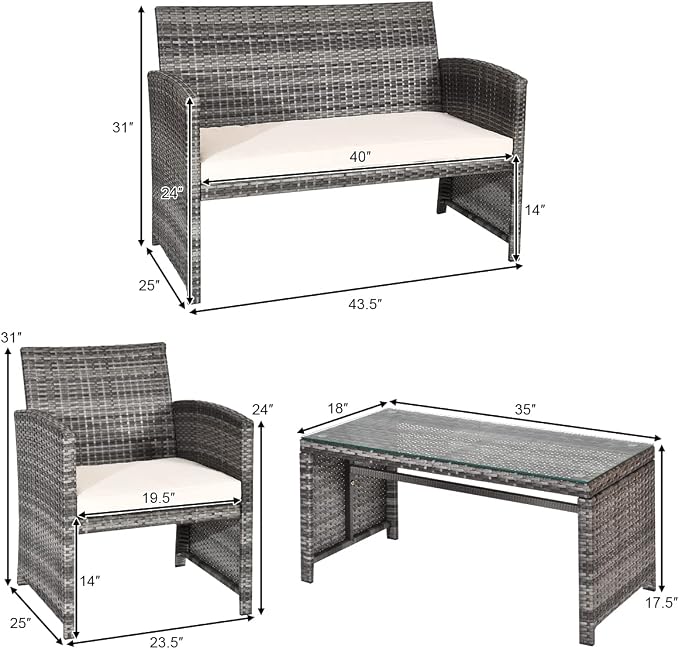 HAPPYGRILL 4 Piece Patio Conversation Set with Soft Cushions Rattan Furniture Set with PE Wicker Coffee Table & Sofa Chairs for Garden Poolside Porch Backyard