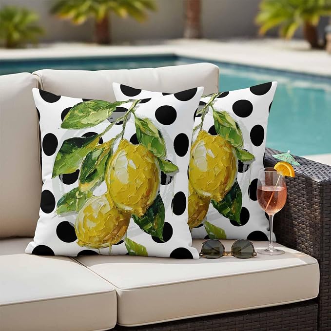 Waterproof Pillow Covers Set of 2,Summer Lemon Polka Dot Outdoor Pillow Protectors with Zipper Pillowcases for Patio Tent Garden Beach 20x20 Inches Country Fruit Oil Painting Style