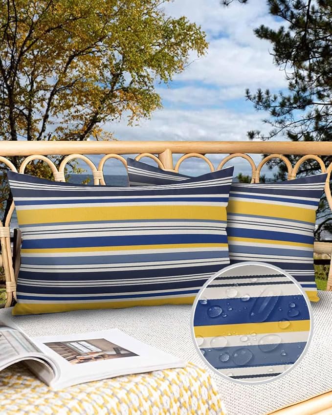 Outdoor Waterproof Throw Pillow Covers Set of 2 Yellow Stripes Lines Lumbar Pillowcases 20x12 Inches Navy Blue Classic Striped Decorative Pillows Cushion Case Patio Pillows for Couch Bed Chair Garden