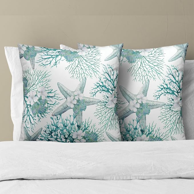 Nautical Coastal Throw Pillow Covers 20x20 Set of 2, Summer Ocean Beach Coral Floral Decorative Pillow Cases Cotton Cushion Cover for Home Sofa Couch Wedding Anniversary Decor