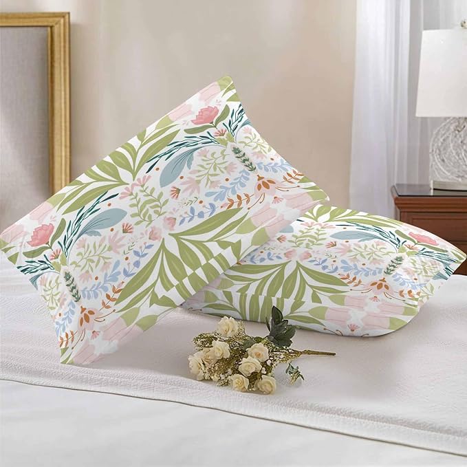 Outdoor Pillow Covers Waterproof, Green Blue Pink Floral All Weather Cushion Case Set of 2, Rustic Ethnic Boho Flowers Botanical Lumbar Pillowcase for Sofa Couch Bed Decor Patio Furniture 20"x12"