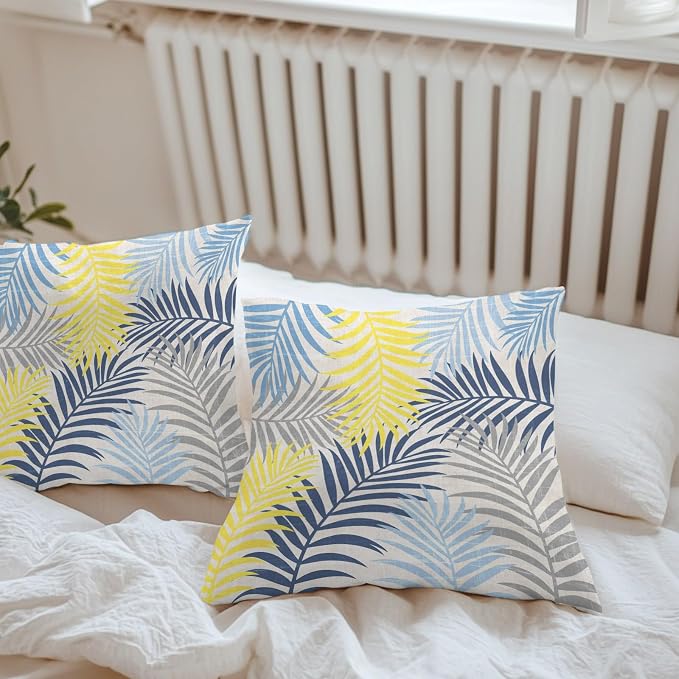 Yellow Blue Palm Leaves Outdoor Pillow Covers 16"x16" Set of 2, Summer Botanical Vintage Tropical Leaf Rustic Waterproof Throw Pillow Covers for Patio Furniture, Decorative Cushion Covers for Porch