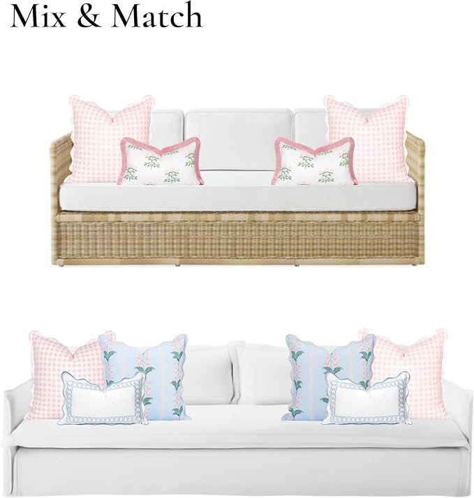 Hofdeco Premium Grandmillennial Patio Indoor Outdoor Throw Pillow Cover Only, 20"x20" Water Repellent for Backyard, Couch, Poolside, Blush Pink Print Gingham