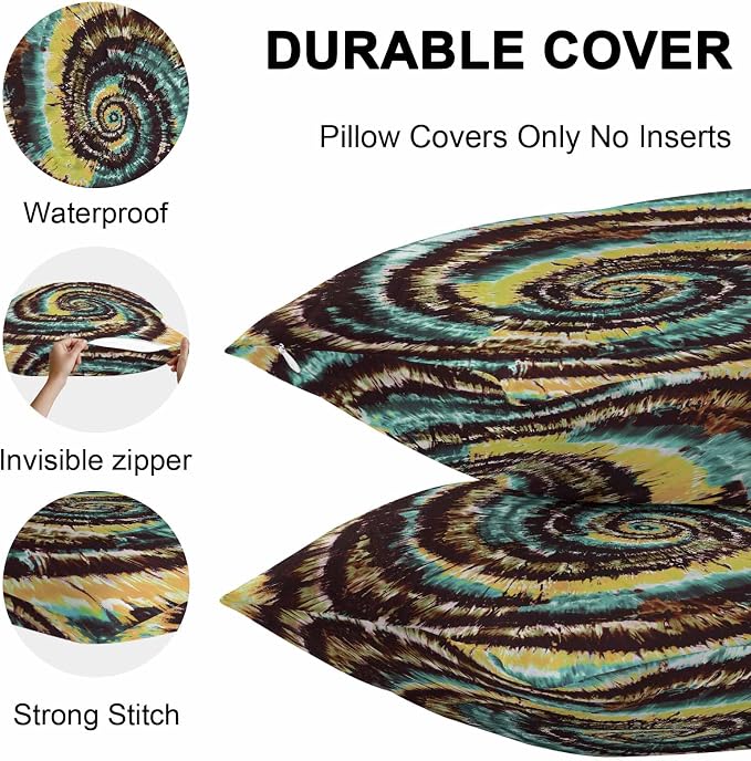 Vandarllin Outdoor Throw Pillows Covers 24x24 inch Set of 2 Waterproof Yellow Teal Tie-Dye Art Decorative Zippered Cushion Covers for Patio Furniture, Abstract Boho Tribe Lumbar Pillowcases